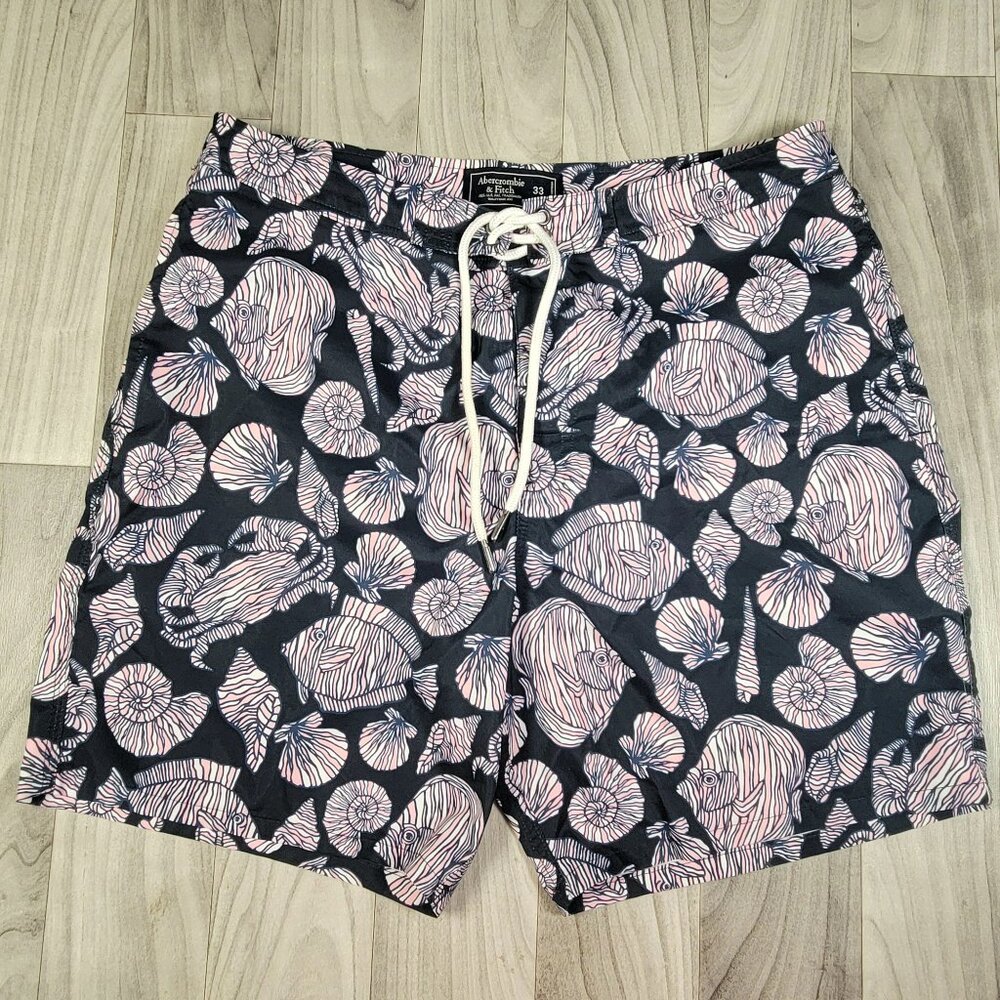 Abercrombie & Fitch Swim Trunks Mens 33 Lined Pockets Blue Pink Sea Life